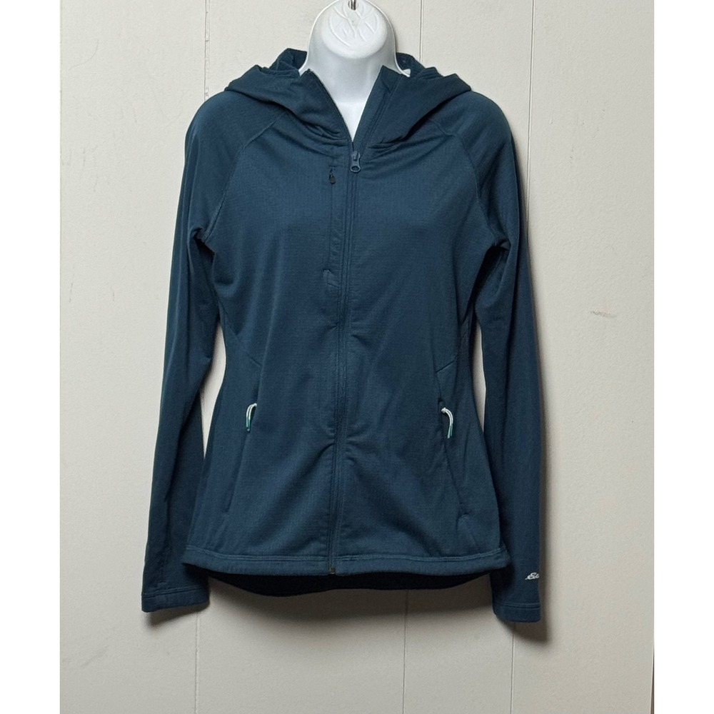 Eddie Bauer First Ascent Teal Blue Grid Fleece Full Zip Hoodie Jacket Size M
